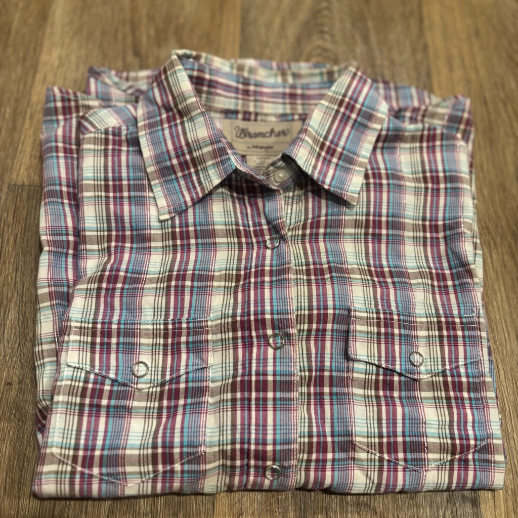 Wrangler Wrancher Western Snap Shirt Women’s Medium Plaid Short Sleeve Cowboy